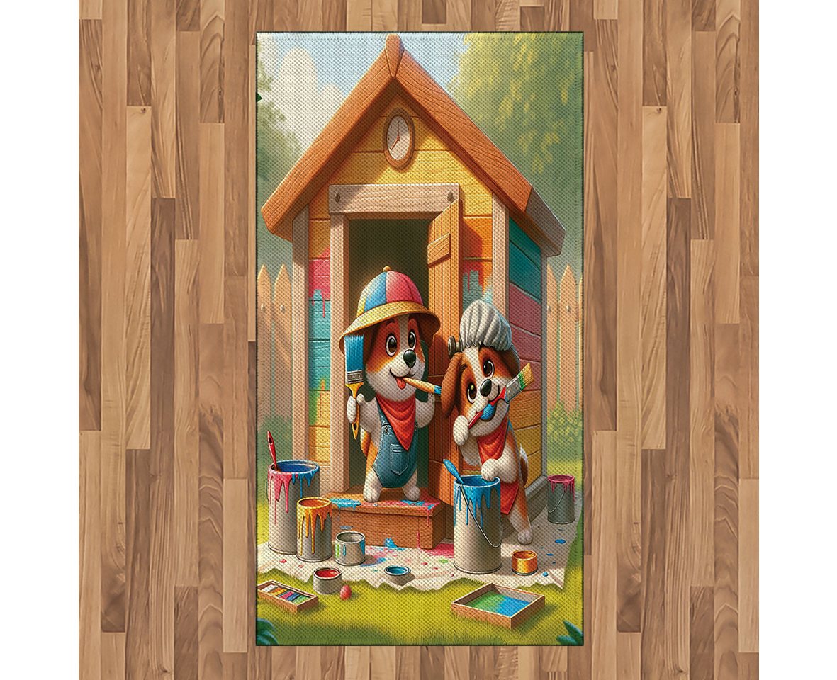 Teppich Flachgewebe Deko-Teppiche für das Wohn-,Schlaf-, und Essenszimmer, Abakuhaus, rechteckig, Hunde Welpen malen das Hundehaus von Abakuhaus