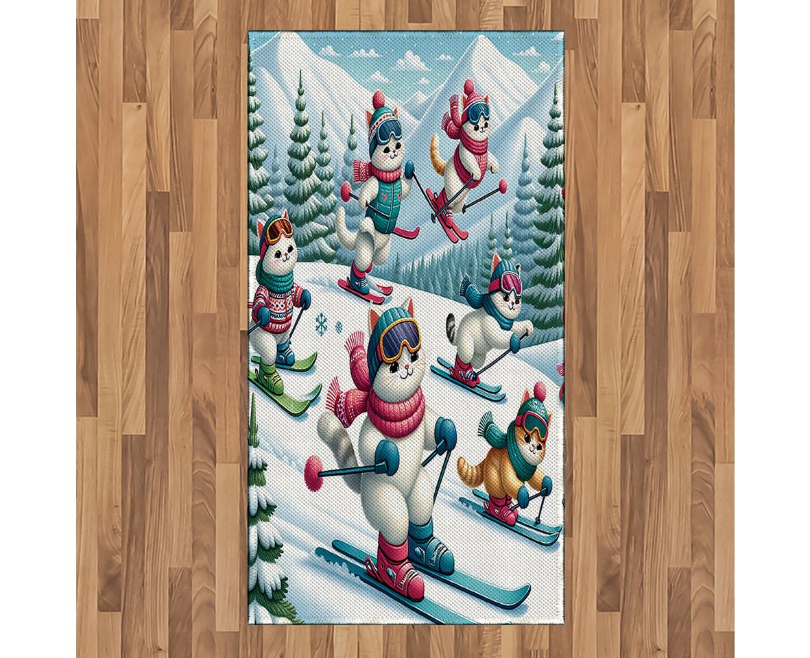 Teppich Flachgewebe Deko-Teppiche für das Wohn-,Schlaf-, und Essenszimmer, Abakuhaus, rechteckig, Katze Cartoon von Skifahren Kätzchen von Abakuhaus