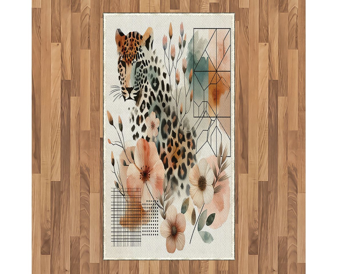 Teppich Flachgewebe Deko-Teppiche für das Wohn-,Schlaf-, und Essenszimmer, Abakuhaus, rechteckig, Leopard Aquarell Blumen Dschungelkatze von Abakuhaus