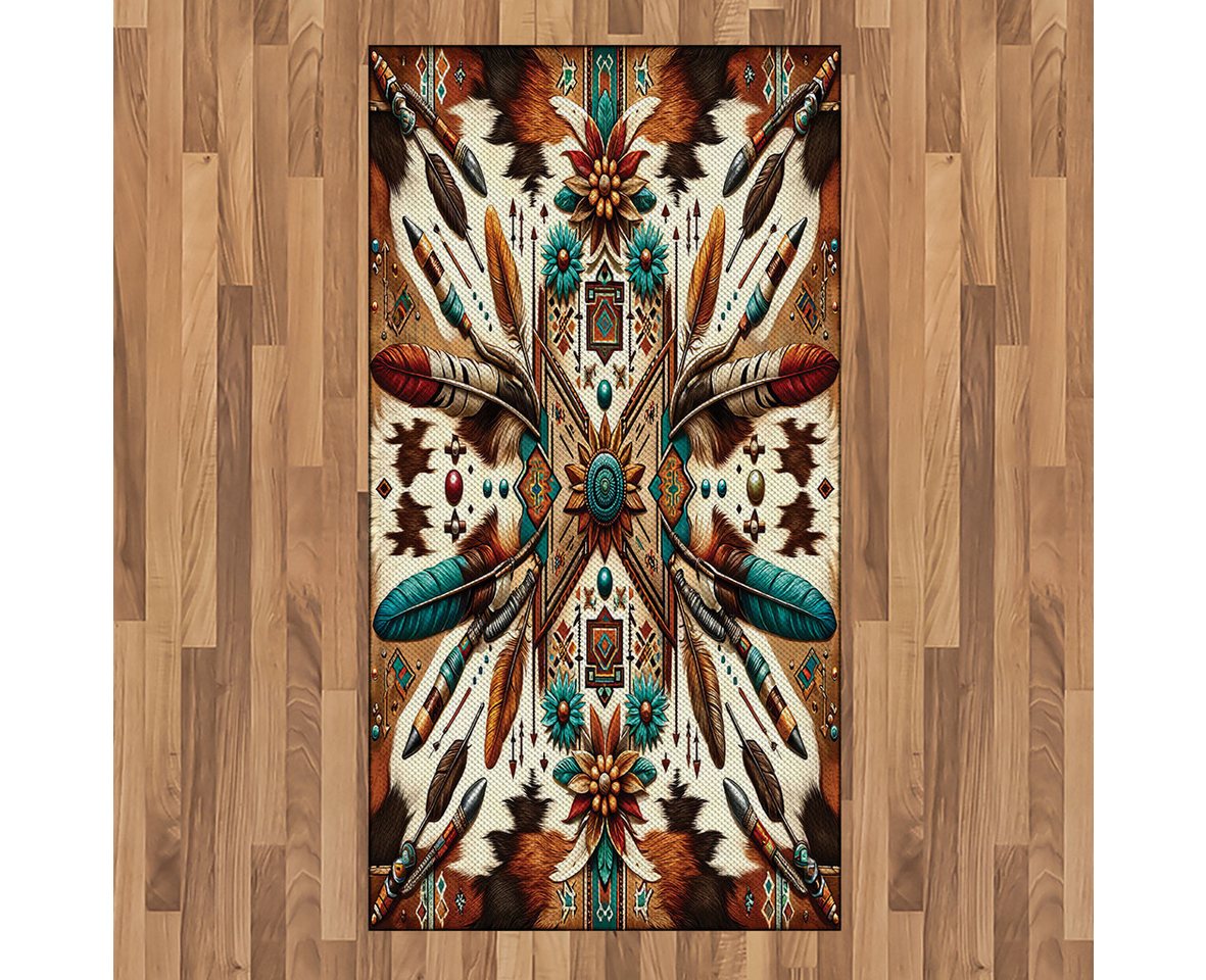 Teppich Flachgewebe Deko-Teppiche für das Wohn-,Schlaf-, und Essenszimmer, Abakuhaus, rechteckig, Rustikal Aztekeninspiration mit Federn von Abakuhaus