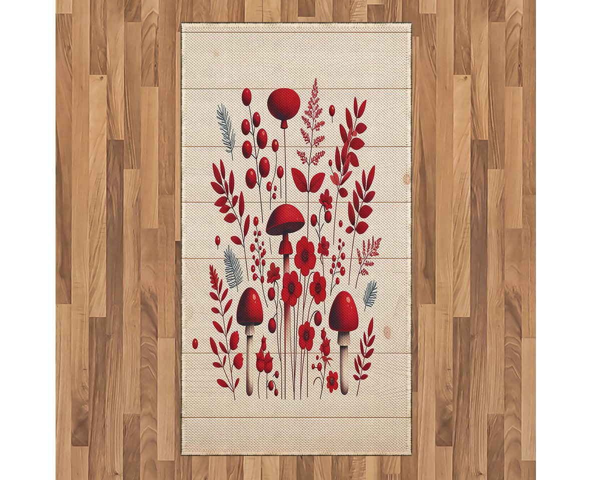 Teppich Flachgewebe Deko-Teppiche für das Wohn-,Schlaf-, und Essenszimmer, Abakuhaus, rechteckig, Rustikal Wunder des Waldes Pilze Blumen von Abakuhaus