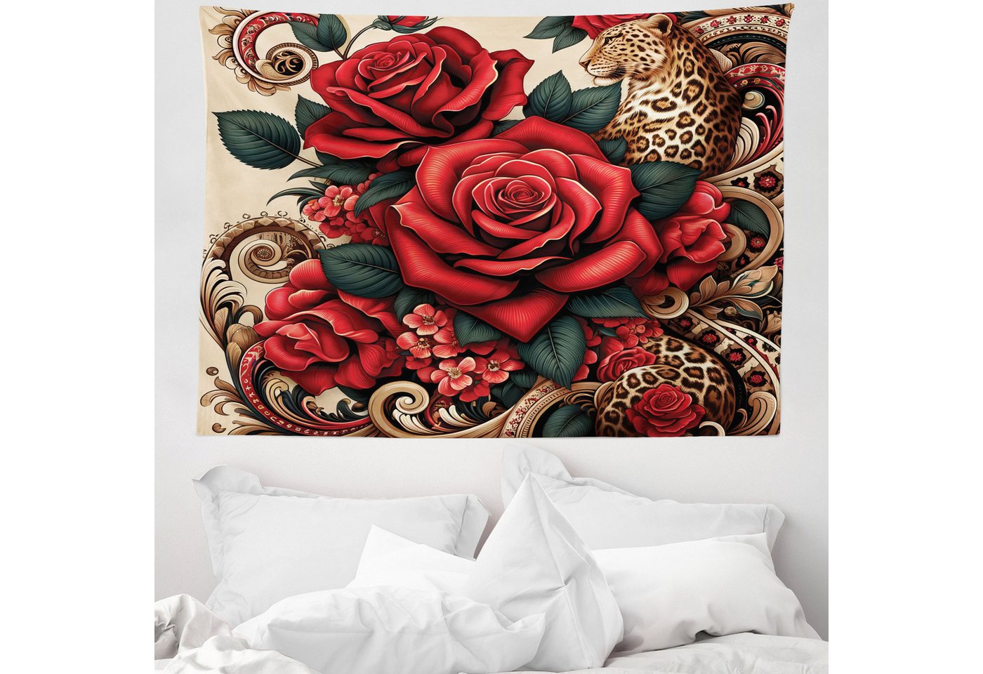 Wandteppich aus Weiches Mikrofaser Stoff Für das Wohn und Schlafzimmer, Abakuhaus, rechteckig, Leopard Blühende rote Rosen und Katze von Abakuhaus