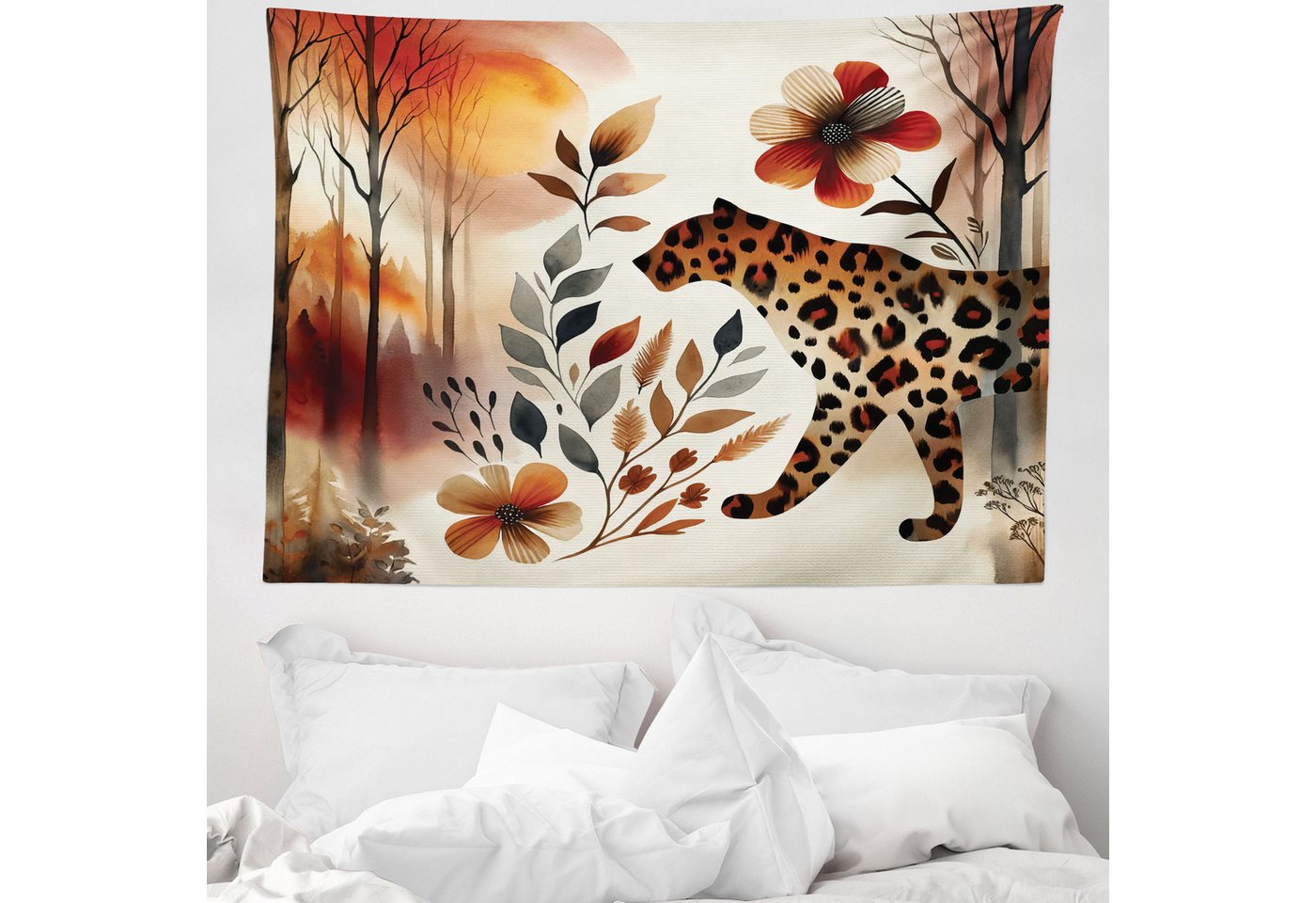 Wandteppich aus Weiches Mikrofaser Stoff Für das Wohn und Schlafzimmer, Abakuhaus, rechteckig, Leopard Herbstwald Katze Florale Herbst Aquarell von Abakuhaus