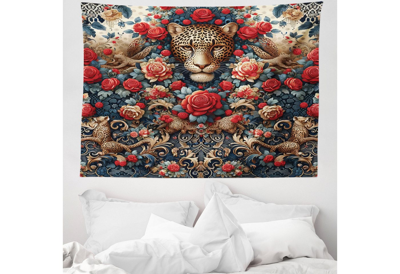 Wandteppich aus Weiches Mikrofaser Stoff Für das Wohn und Schlafzimmer, Abakuhaus, rechteckig, Leopard Rokoko Design Rote Rosen von Abakuhaus