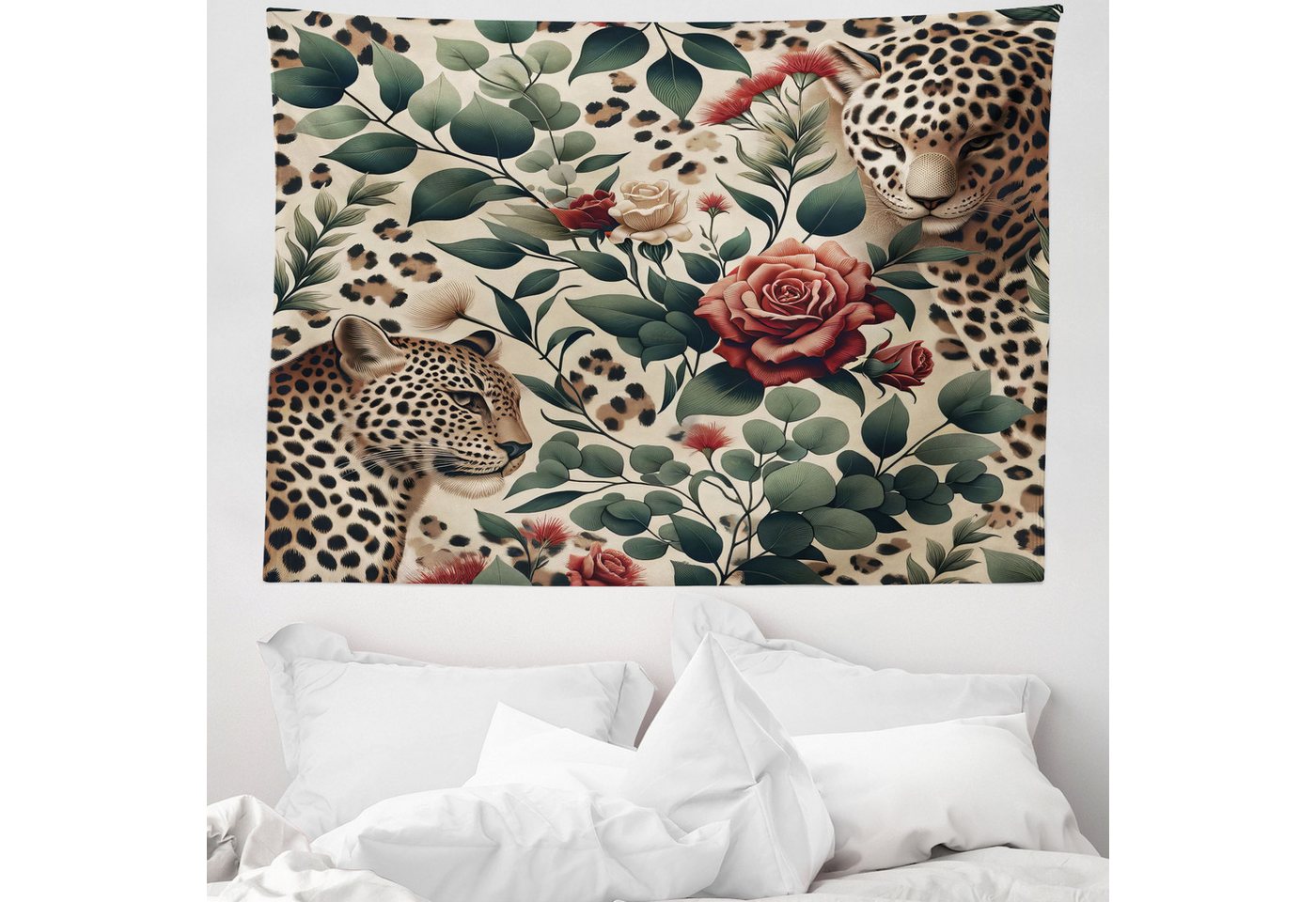 Wandteppich aus Weiches Mikrofaser Stoff Für das Wohn und Schlafzimmer, Abakuhaus, rechteckig, Leopard Vintage Rosenblätter und Katzen von Abakuhaus