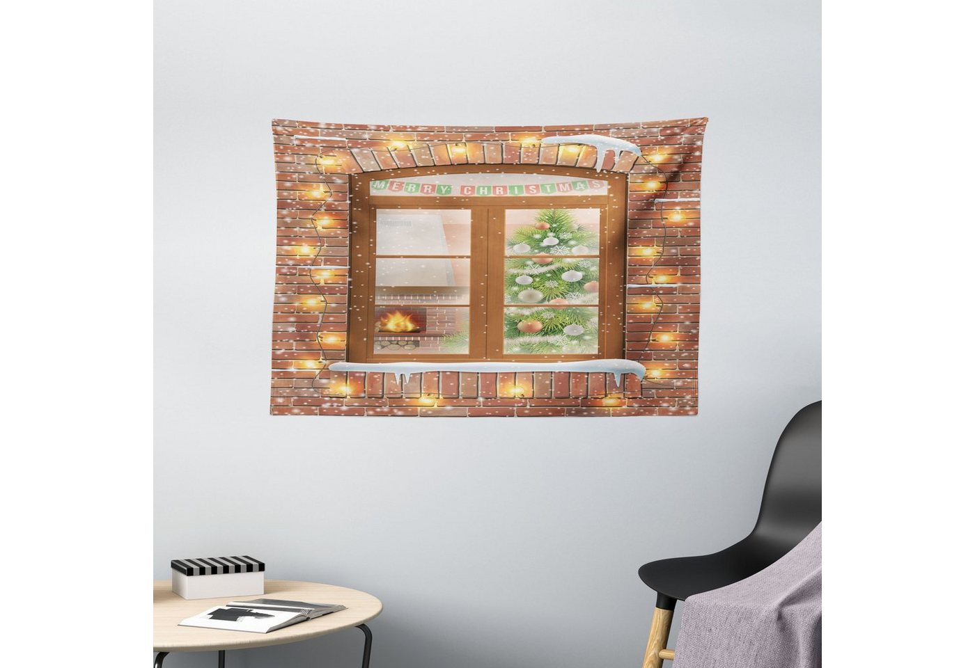 Wandteppich Wohnzimmer Schlafzimmer Wandtuch Seidiges Satin Wandteppich, Abakuhaus, rechteckig, Weihnachten Blick durch ein Fenster von Abakuhaus