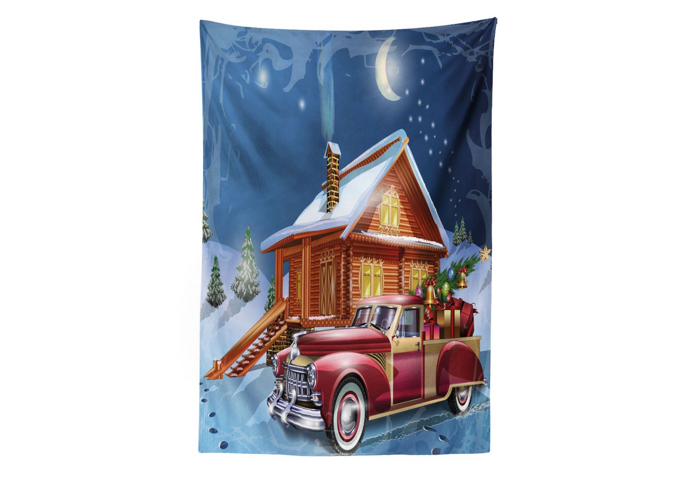 Abakuhaus Wandteppich Wohnzimmer Schlafzimmer Wandtuch Seidiges Satin Wandteppich, rechteckig, Weihnachten Holz Lodge Truck von Abakuhaus