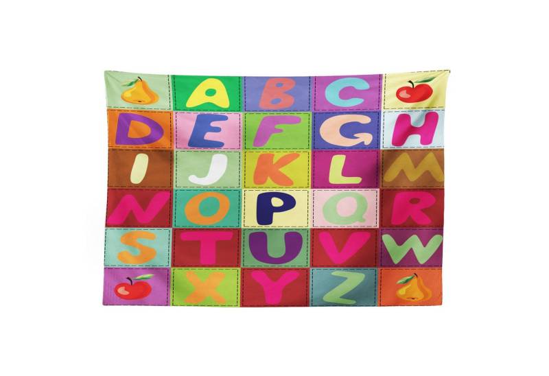 Abakuhaus Wandteppich Wohnzimmer Schlafzimmer Wandtuch Seidiges Satin Wandteppich, rechteckig, Alphabet ABC und Obst Squares von Abakuhaus