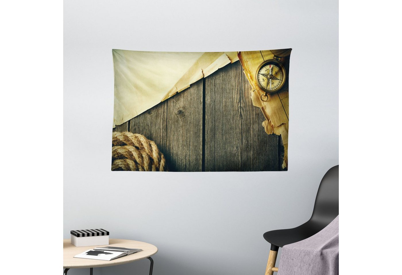 Abakuhaus Wandteppich Wohnzimmer Schlafzimmer Wandtuch Seidiges Satin Wandteppich, rechteckig, Antiquität Compass Seil und die Karte von Abakuhaus