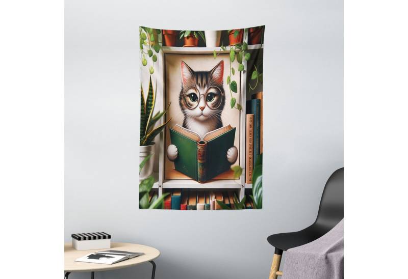 Abakuhaus Wandteppich Wohnzimmer Schlafzimmer Wandtuch Seidiges Satin Wandteppich, rechteckig, Katze Bücherwurm Kätzchen liest in botanischer Gemütlichkeit von Abakuhaus