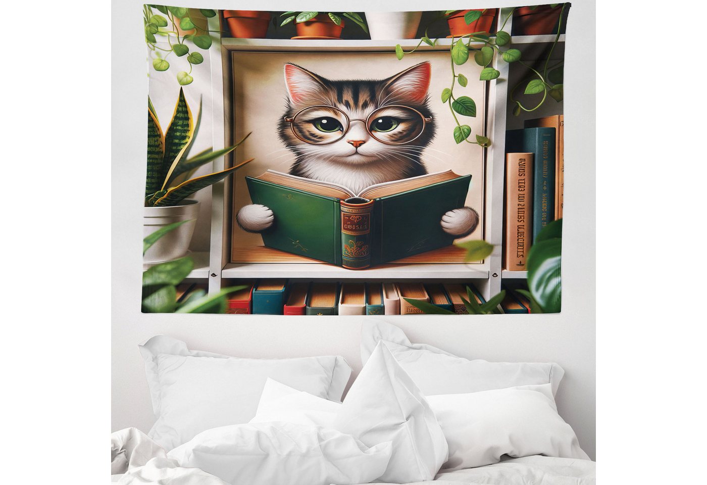 Wandteppich aus Weiches Mikrofaser Stoff Für das Wohn und Schlafzimmer, Abakuhaus, rechteckig, Katze Bücherwurm Kätzchen liest in botanischer Gemütlichkeit von Abakuhaus