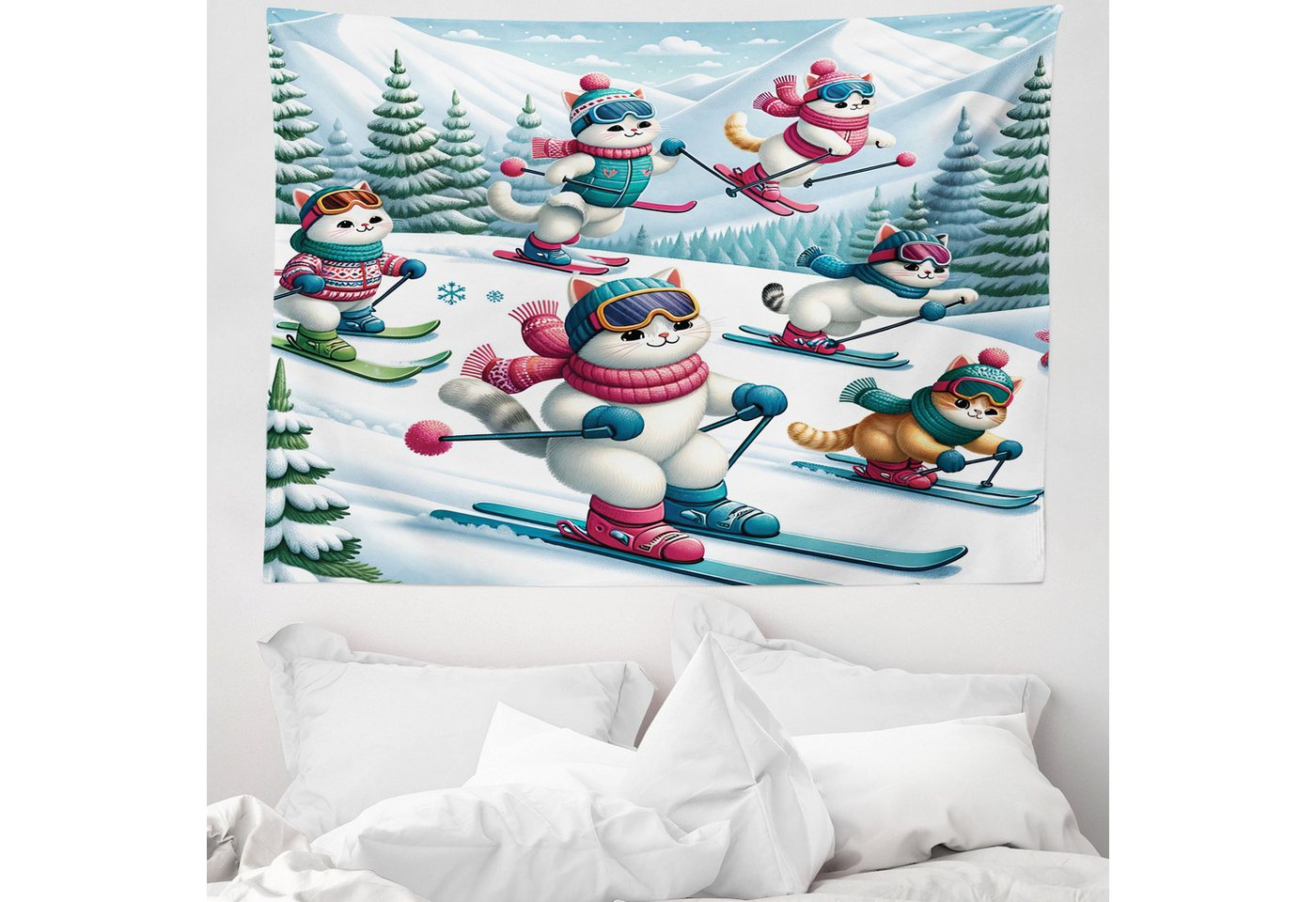 Wandteppich aus Weiches Mikrofaser Stoff Für das Wohn und Schlafzimmer, Abakuhaus, rechteckig, Katze Cartoon von Skifahren Kätzchen von Abakuhaus