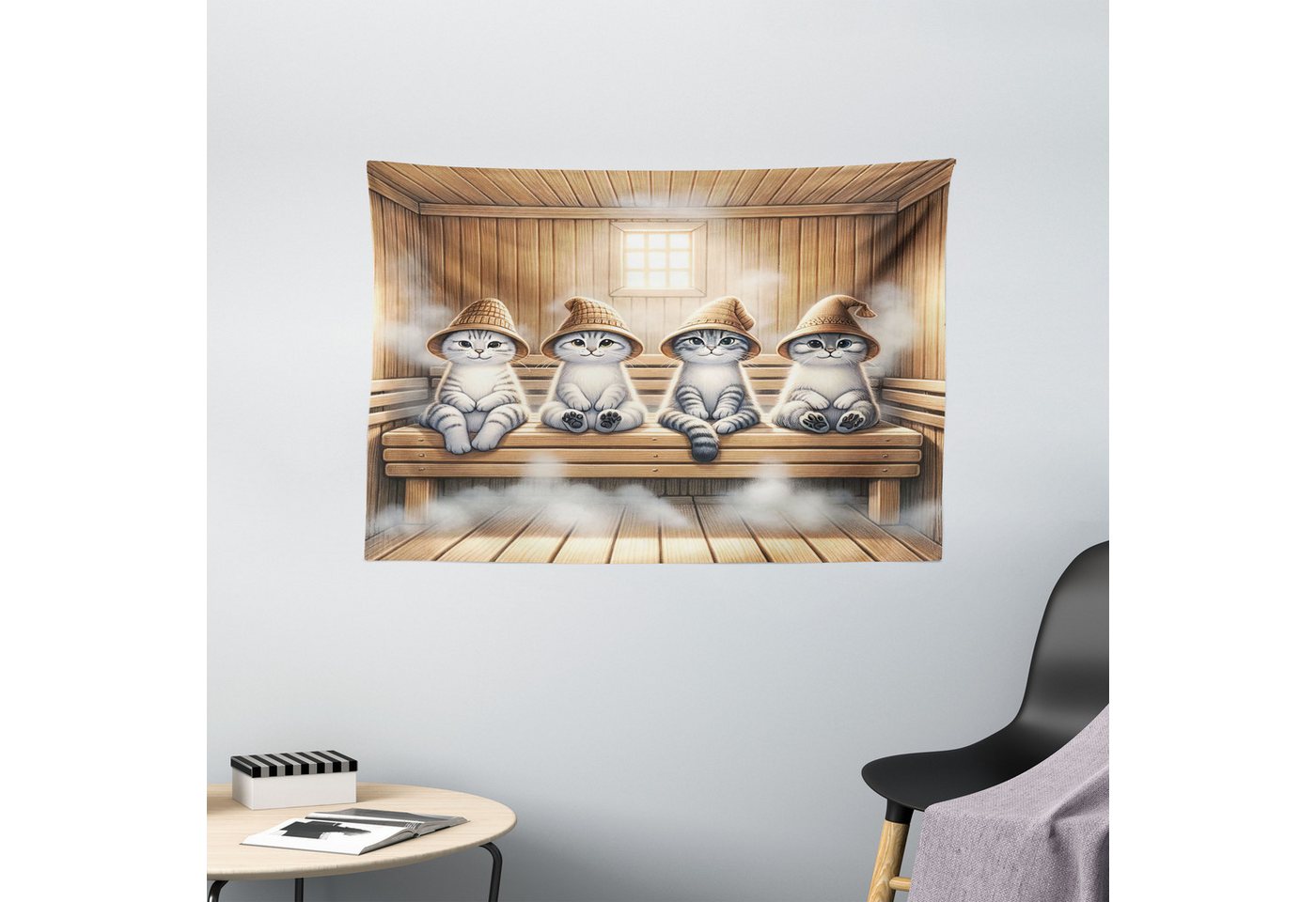 Abakuhaus Wandteppich Wohnzimmer Schlafzimmer Wandtuch Seidiges Satin Wandteppich, rechteckig, Katze Lustige Kätzchen in der Sauna von Abakuhaus
