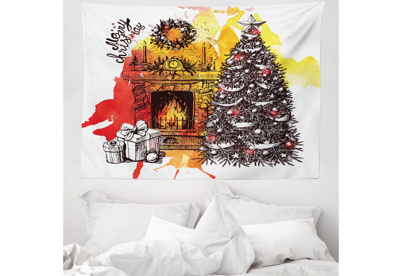 Wandteppich aus Weiches Mikrofaser Stoff Für das Wohn und Schlafzimmer, Abakuhaus, rechteckig, Kamin Weihnachten Skizze von Abakuhaus