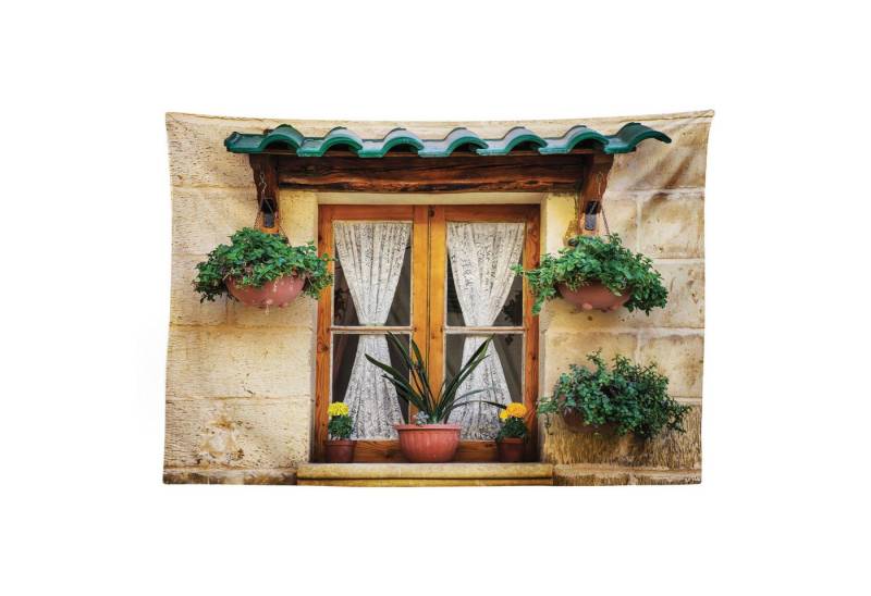 Abakuhaus Wandteppich aus Weiches Mikrofaser Stoff Für das Wohn und Schlafzimmer, rechteckig, Rustikal Altes Fenster und Blumen von Abakuhaus