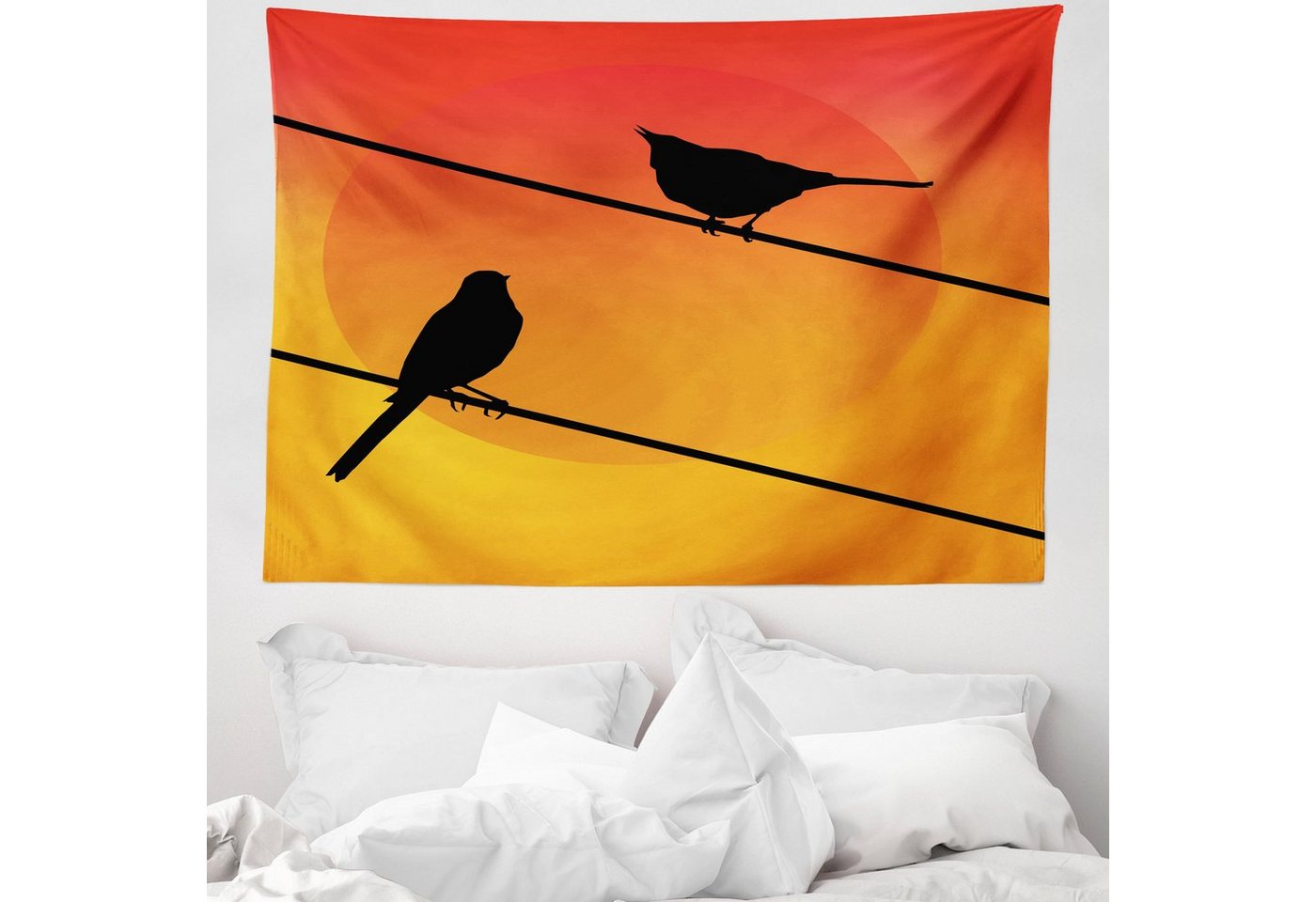 Wandteppich aus Weiches Mikrofaser Stoff Für das Wohn und Schlafzimmer, Abakuhaus, rechteckig, Vogel Auf Dem Drahtseil Avian Tier Sonnenuntergang von Abakuhaus