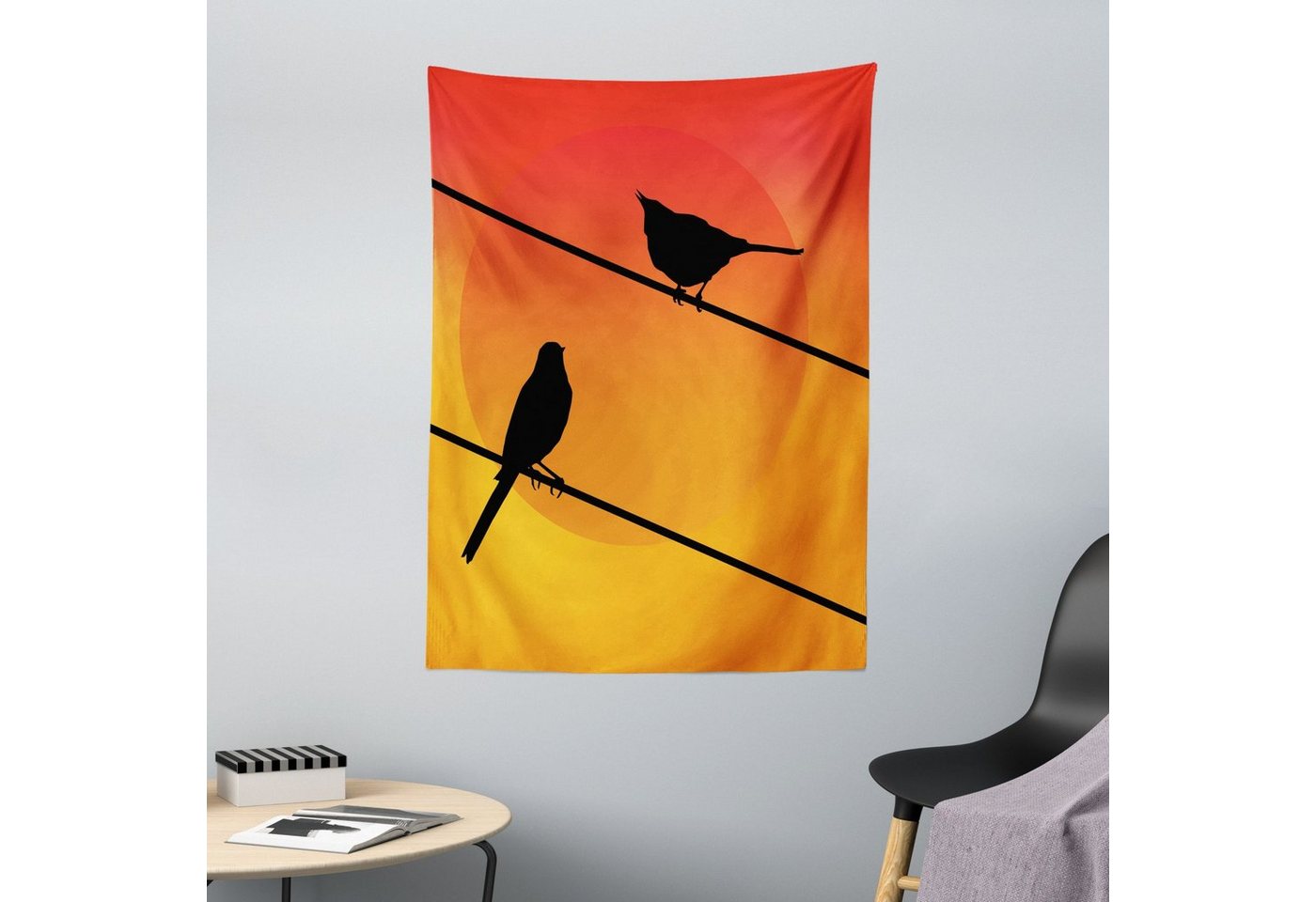 Wandteppich aus Weiches Mikrofaser Stoff Für das Wohn und Schlafzimmer, Abakuhaus, rechteckig, Vogel Auf Dem Drahtseil Avian Tier Sonnenuntergang von Abakuhaus