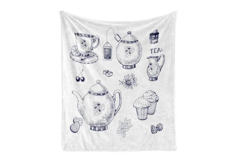 Wohndecke Gemütlicher Plüsch für den Innen- und Außenbereich, Abakuhaus, Blau und weiß Teekannen und Tassen von Abakuhaus