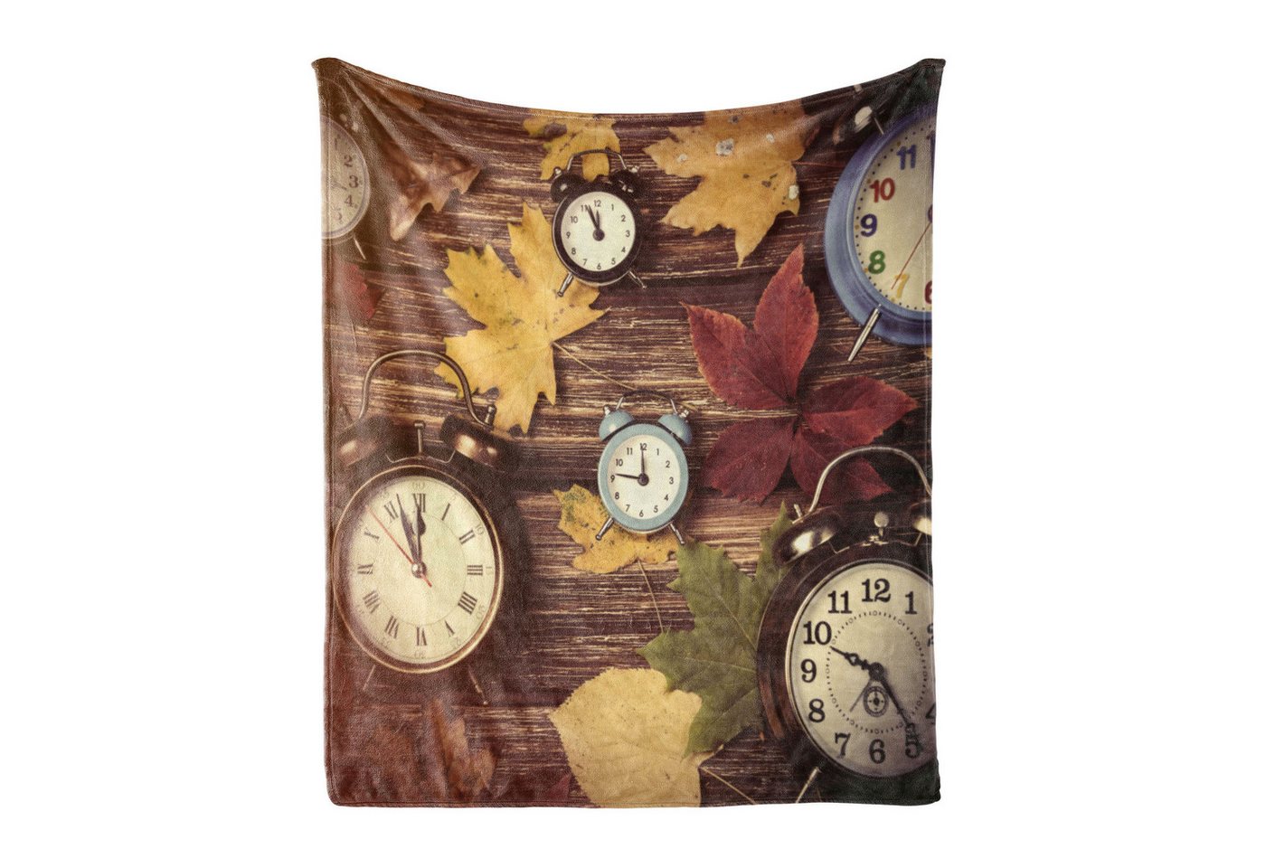 Wohndecke Gemütlicher Plüsch für den Innen- und Außenbereich, Abakuhaus, Fallen Uhren mit trockenen Blättern von Abakuhaus