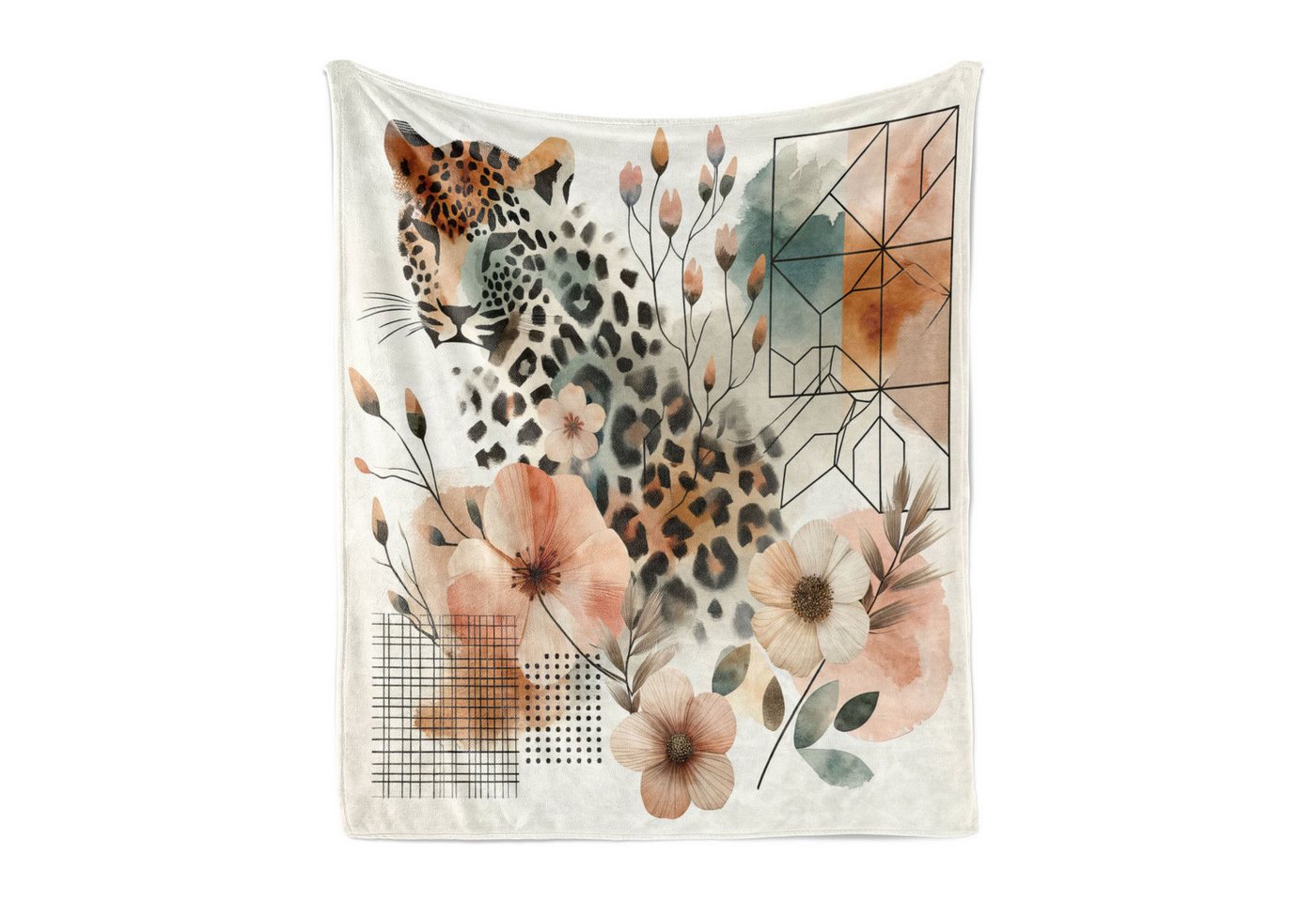 Wohndecke Gemütlicher Plüsch für den Innen- und Außenbereich, Abakuhaus, Leopard Aquarell Blumen Dschungelkatze von Abakuhaus