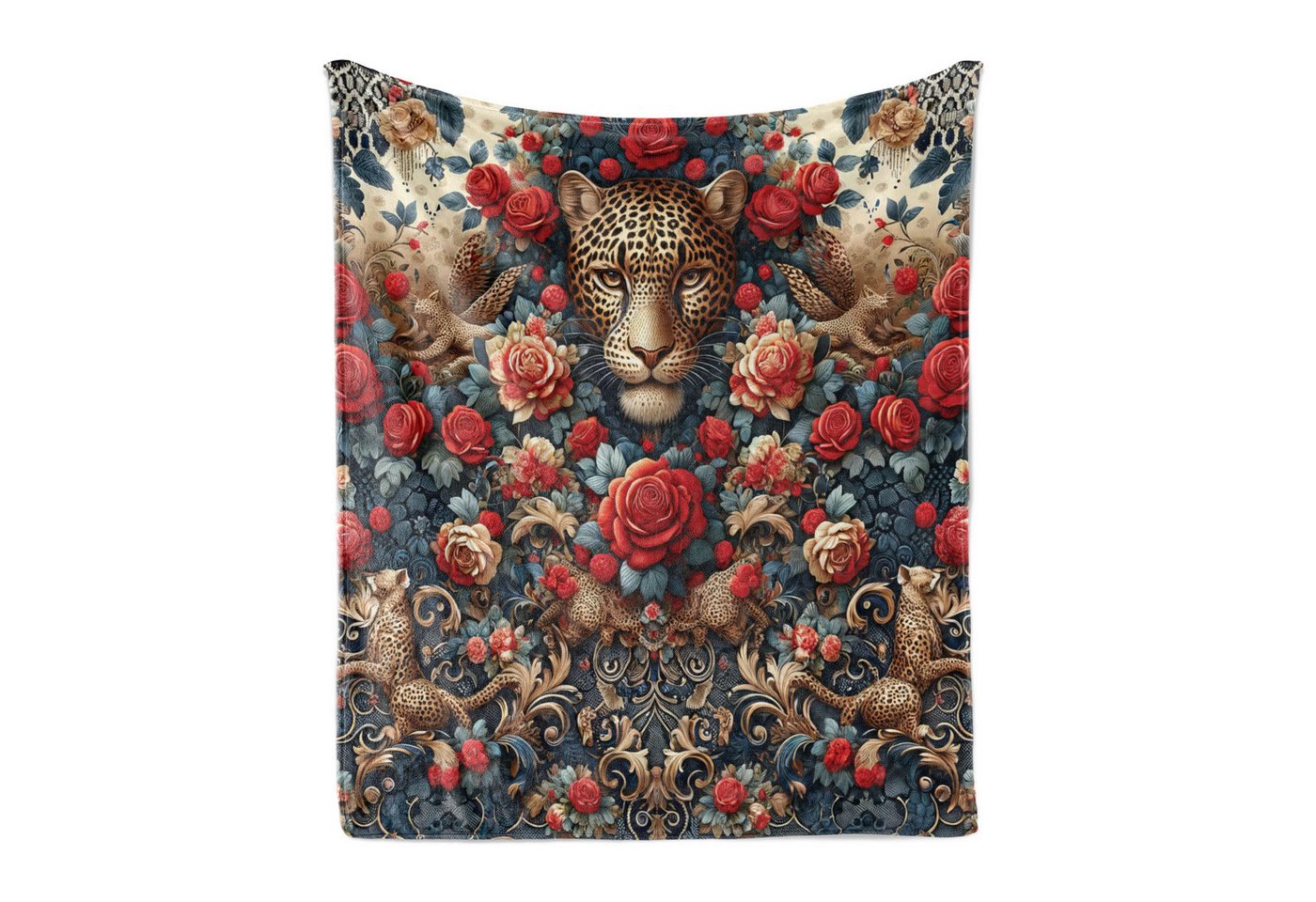 Wohndecke Gemütlicher Plüsch für den Innen- und Außenbereich, Abakuhaus, Leopard Rokoko Design Rote Rosen von Abakuhaus