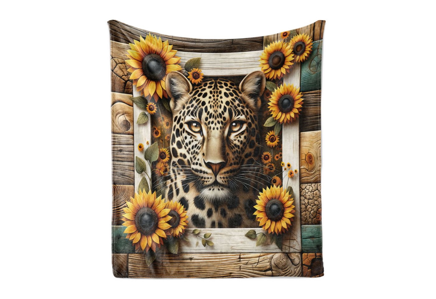 Wohndecke Gemütlicher Plüsch für den Innen- und Außenbereich, Abakuhaus, Leopard Sonnenblumen & Katze Druck von Abakuhaus