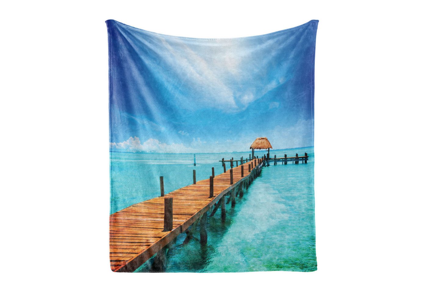 Wohndecke Gemütlicher Plüsch für den Innen- und Außenbereich, Abakuhaus, Tropisch Exotische Hawaii Holz Pier von Abakuhaus
