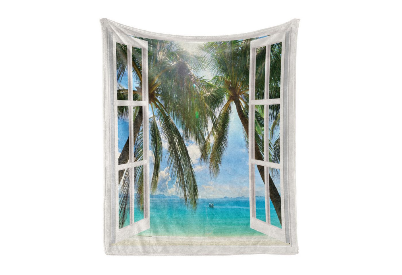 Wohndecke Gemütlicher Plüsch für den Innen- und Außenbereich, Abakuhaus, Tropisch Fenster zum exotischen Strand von Abakuhaus