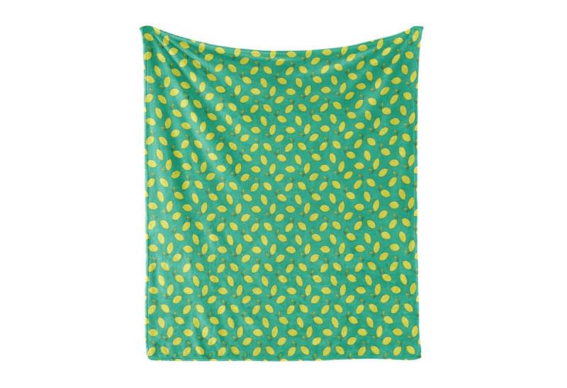 Wohndecke Gemütlicher Plüsch für den Innen- und Außenbereich, Abakuhaus, Vegetarier Gelbe Zitrone mit Blatt von Abakuhaus