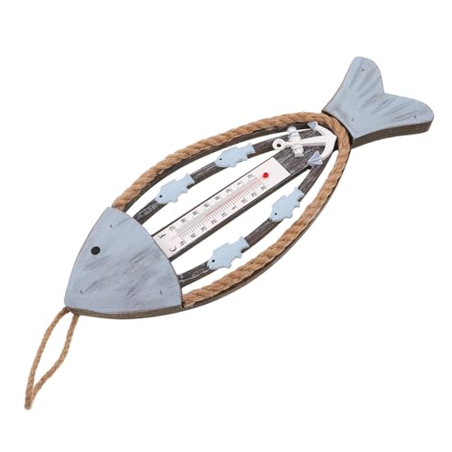 Abaodam Coastal Wooden Fish Thermometer Wanddeko Mediterraner Stil Langlebig Wetterfest für Terrasse Garten Flur Hotel Rustikales Fisch-körper Temperaturmessgerät von Abaodam