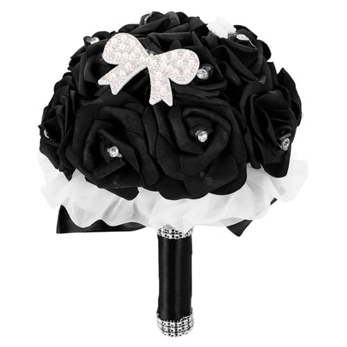 Abaodam Hochzeit Brautsträuße Romantische Brautjungfer Blumenstrauß Künstliche Rose Blume Blumenstrauß mit Bändern für Hochzeit Kirche Schwarz von Abaodam