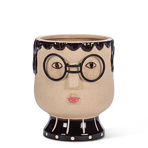 Abbott Collection 27-SPECS-046-MD Mittelgroßes Gesicht mit Gläsern, Steingut, Metall, Übertopf, Beige/Schwarz, 14 cm H von Abbott Collection