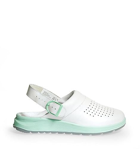 ABEBA 85080 - Unisex Schuhe - ACTIVE Clog SRC - Perforiertes Design - EU 37 - Weiß/Grün - Futtermaterial: Stoff - Mit Schnallenverschluss ABEBA 85080 - Unisex Schuhe - ACTIVE Clog SRC - Perforiertes Design - EU 37 - Weiß/Grün - Futtermaterial: Stoff - Mit Schnallenverschluss von ABEBA