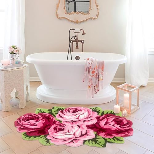 Abeigoi Badezimmerteppich, rosa Rose, rutschfeste Badematte, handgefertigt, saugfähig, zottelig, für Badezimmer, Dusche, Fußmatte, 74 x 120 cm von Abeigoi