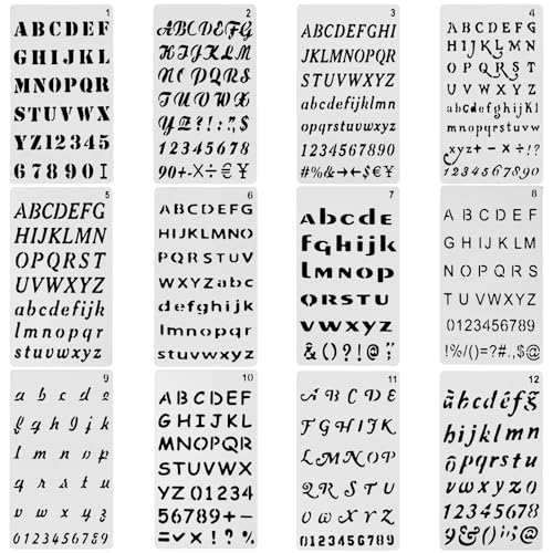 12 Stück Buchstaben Schablone, Wiederverwendbare Zahlen Schablonen,Vintage Alphabet-Zahlenschablonen,Kunststoff Buchstaben Schablone für DIY Scrapbook Malerei Holz Wand Papier(17.8 * 10.2cm) von Abeillo