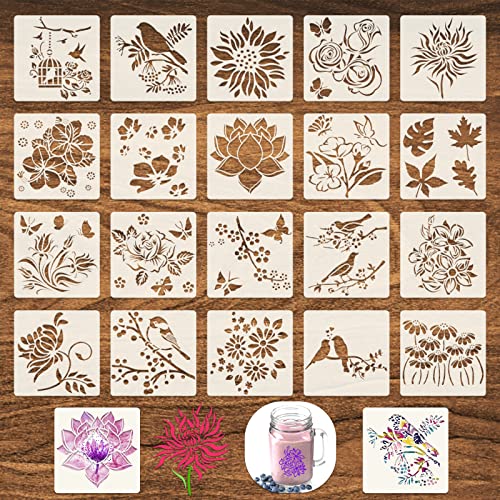 20 Blätter Blumen Schablonen zum Malen, 15 x 15 cm Wiederverwendbare Kunststoff Malschablonen Blumen Vögel Bäume Pflanzen Malerei Vorlagen Zeichenschablonen für Scrapbooking DIY Sammelalben Malen von Abeillo