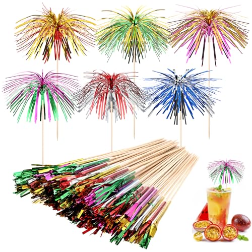 Abeillo 50 Stück Cocktail Picks, 23cm lang Cocktailspieße, Neue Doppelschicht mehrfarbig Cocktail Feuerwerk Deko, Glitzer Cocktail Schirmchen für Party Geburtstagsbars Getränke von Abeillo