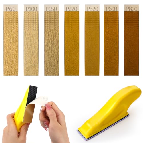 70 Stück Schleifpapier mit Schleifklotz Set, Schleifpapier Holz Schleifblätter Körnung 60/100/150/220/320/600/800 Sandpepier Blatt für Holzhandwerk,9 x 3 mm Handschleifblock für Schleifen und Polieren von Abeillo