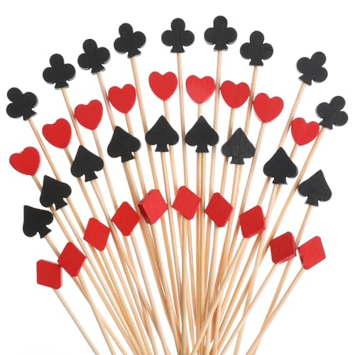 Casino-Zahnstocher-Stick, Cocktail-Picker für Vorspeisen, schwarze und rote Poker-Zahnstocher, Casino-Zahnstocher, Cocktail-Zahnstocher, Dekoration für Party, Essen, Obst, Dessert, 100 Stück von Abeillo