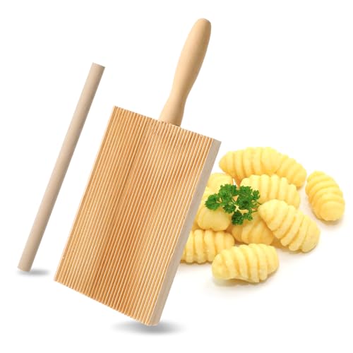 Holz Gnocchi Brett und Ravioli Rolling Pin, Holz Gnocchi Pasta Nudelbrett Making Tools Gebogen Gnocchi Board Paddel Roller für Hausgemachte Pasta für Pasta-Liebhaber Backen von Abeillo