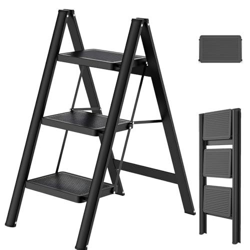 Abhpjuy Trittleiter Leiter 3 Stufen klappbar, Tragbare Klappleiter 250kg Kapazität mit rutschfestem breitem Pedal, Klapptritt für Haushalt, Küche, Büro, Garage von Abhpjuy