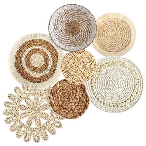 7pcs Boho Wandkorb Dekor, 6 Größen runde Strohhöhlen -Wanddekoration mit Haken für Bauernhaus Schlafzimmer Wohnzimmerausstellung von Abibiocy