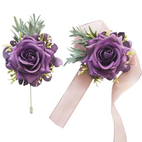 Abibiocy 2-teilige lila Corsage und Boutonniere-Set, lila Rosengelenk Corsage und Abschlussballblumen mit Band für Abschlussball-Hochzeitsabschlussfeier Abibiocy 2-teilige lila Corsage und Boutonniere-Set, lila Rosengelenk Corsage und Abschlussballblumen mit Band für Abschlussball-Hochzeitsabschlussfeier von Abibiocy