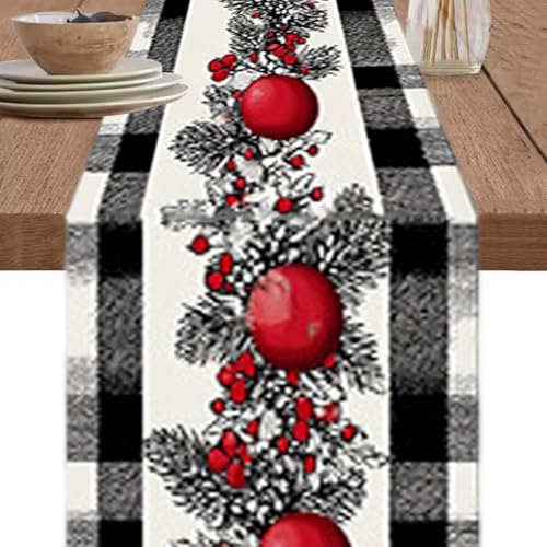Weihnachtstischläufer 13x72 Zoll Buffalo Plaid Red Berry Weihnachtstisch Dekorationen für Home Winter Holiday Party Dekor Weihnachtsläufer von Abibiocy
