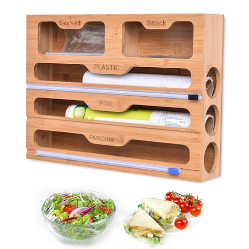 Abiemuce Folienspender Mit Cutter, 5 in 1 Folienschneider, Alufolienspender und Frischhalte, Folienspender Aus Bambus, Frischhaltefolie Abroller, Frischhaltefolienschneider - 5 Steckplatz von Abiemuce