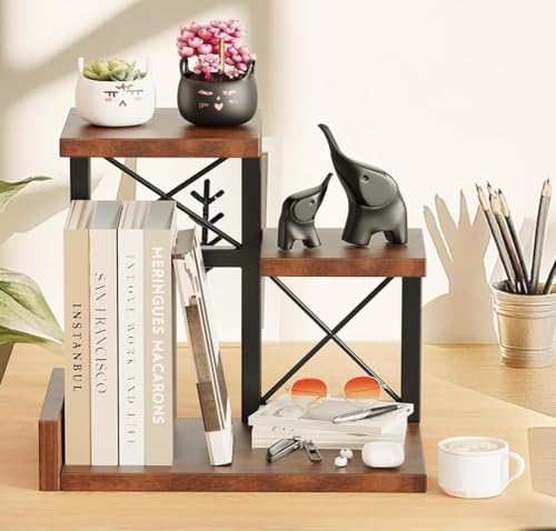 Abiglifty Schreibtisch-Regal-Organizer, 3-stöckiges Aufbewahrungsregal, Aufstellständer, Holz-Schreibtisch-Organizer, mit Metallrahmen für Büro- und Schreibtischzubehör, Bücher, Pflanzen, Braun von Abiglifty
