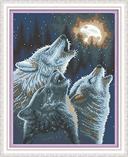 Abillyn Kreuzstich Stickpackungen Vorgedruckt, Drei Wölfe Heulen den Mond an Bilder Stickerei Set (Wolf) von Abillyn