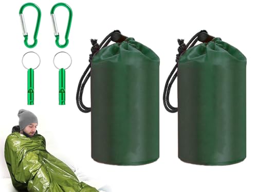 Abiyou 2PCS Notfall Überleben Schlafsack, Survival Biwaksack Erste Hilfe mit Signalpfeifen, Leicht Notfall Schlafsack, Notfalldecke Schläfsack, Notfall Biwaksack, für Camping Outdoor, Wandern (Grün) von Abiyou