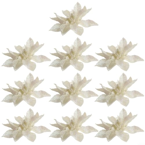 Deko Glitzer Blumen für Weihnachtsbaum 10 Stück Stilvolle Ornamente (Weiß) von Ableholy