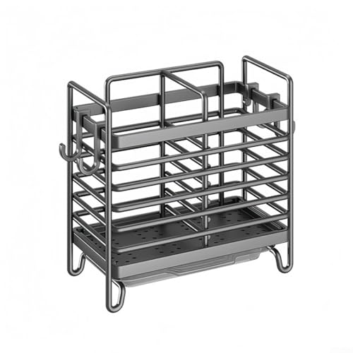 Wandmontierter Utensilienhalter und Abtropfgestell für Küchentheke, 2/3 Fächer, Karbonstahl, Besteck-Organizer mit herausnehmbarem Tablett für Gabeln, Löffel, Essstäbchen (2 Fächer) von Ableholy